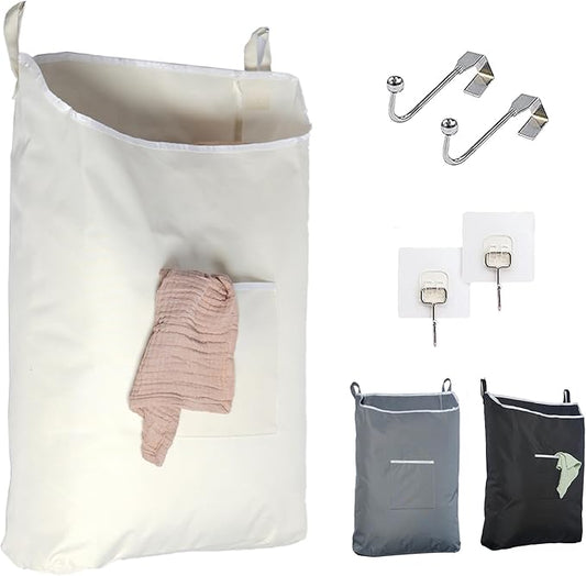 The Fine Living Co. Hanging Laundry Hamper with Over Door Hooks & Adhesive, Durable Space Saving Laundry Bag with Zipper and Wide Open Top, Hanging Dorm Laundry Hamper 18"x4.75"x28" (Beige-L)-Ruum Studio Home