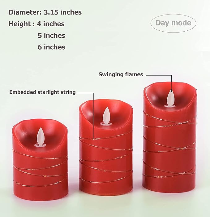 danip red LED flameless Candle with Embedded Star String, 3-Piece Set of LED Candles, with 11 Button Remote Control, 24-Hour Timer Function, Dancing Flames, Real Wax, Battery Powered. (Red)-Ruum Studio Home