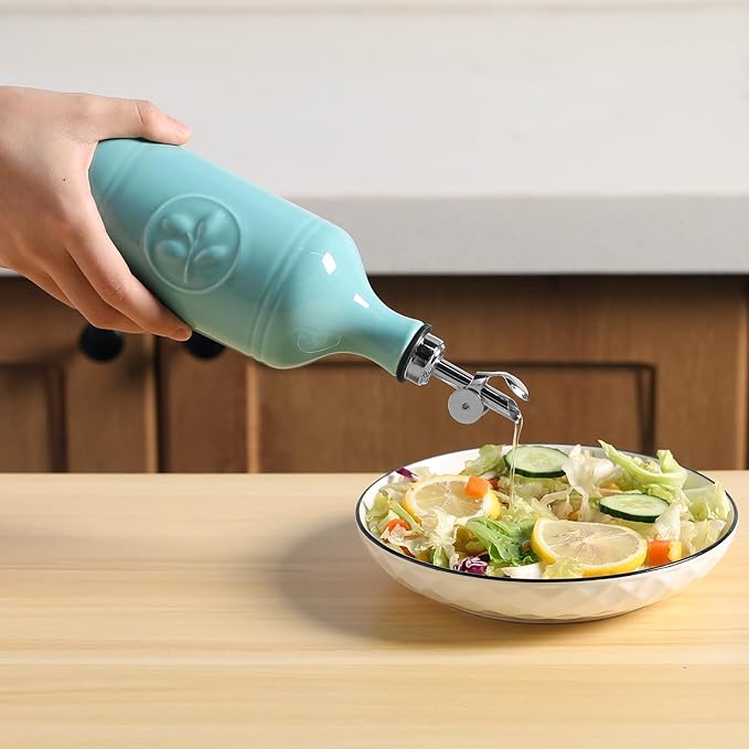 Sweejar 16 Oz Ceramic Olive Oil Dispenser Bottle, Oil Dispenser for Kitchen with Gravity Spout, Relief Opaque Oil Container for Evoo, Avocado Oil, Vinegar, Soy Sauce, 1 Pack(Turquoise, Silver Spout)-Ruum Studio Home