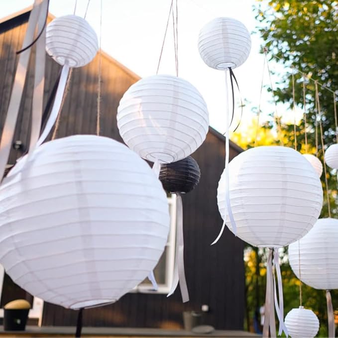 Paper Lanterns Decorative, White Hanging Round Chinese Lanterns with Lights for Wedding Anniversary Birthday Party 12 LED Light Pack of 12-Ruum Studio Home