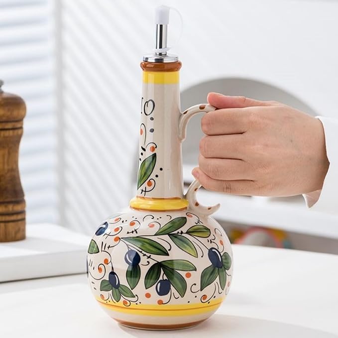 Italian Ceramic Olive Oil Dispenser Bottle 23oz, Hand Painted Olive Oil Bottles, Decorative Stoneware Olive Oil Cruet for Kitchen with Stainless Steel Spout for Oils, Sauces, Vinegar-Ruum Studio Home