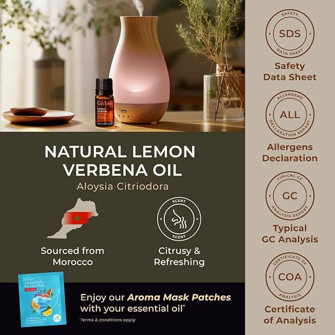 Gya Labs Lemon Verbena Essential Oil for Diffuser - 0.34 Fl Oz - 100% Pure Natural Lemon Verbena Oil for Skin, Hair, Perfume, Bath Bombs & Candle Making Scent-Ruum Studio Home