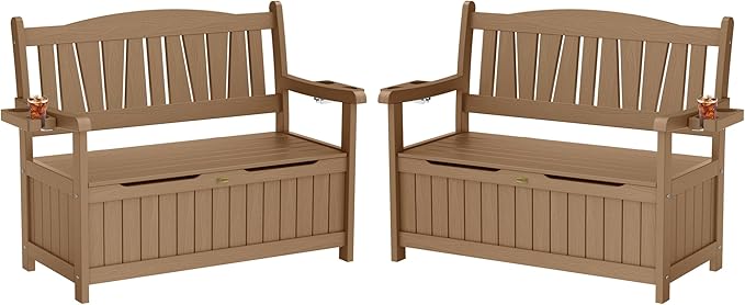 YEFU Outdoor Storage Bench for Patio: Heavy Duty Garden Bench Set of 2 with 96° High Backrest & Oversized Seating - HIPS Weatherproof Patio Bench with Storage for Porch Park Backyard, Teak-Ruum Studio Home