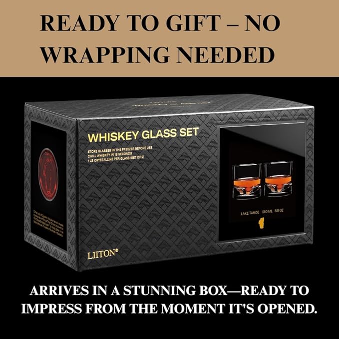 Lake Tahoe Heavy Crystal Whiskey Glasses Gift Set of 2, Thick Freezable Bourbon Glass 1lb Each, Premium Whiskey Gifts for Men, Frozen Crystal Chills Cocktails, 10 oz-Ruum Studio Home