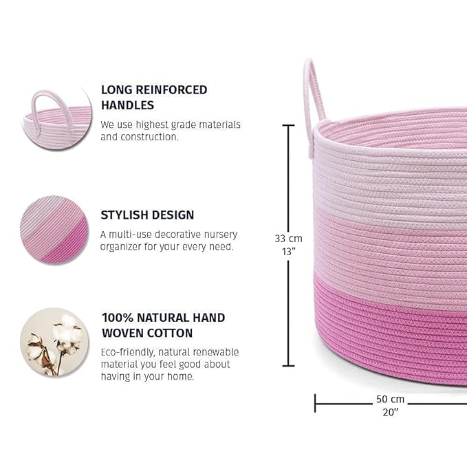 OrganiHaus Toy Storage Basket for Kids, Large Cotton Rope Organizer Bin for Nursery, Toy Box, Blanket Holder, Baby Hamper for Living Room, Soft & Washable, 20x13 inches - Pink-Ruum Studio Home