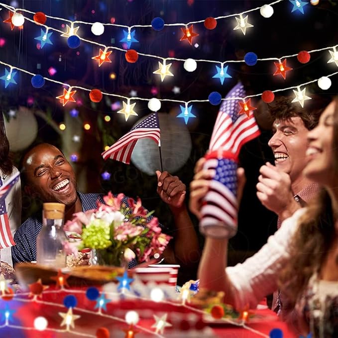 4th of July Decorations 9.85FT Red White and Blue Star String Lights Pom Pom Star Lights Battery Operated with Timer Fairy Lights for Independence Day Memorial Patriotic Fourth of July Decor for Home-Ruum Studio Home