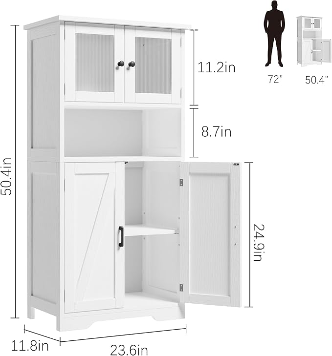 GarveeHome 54in Tall Bathroom Cabinet, Farmhouse Storage Cabinet with Glass Doors and Adjustable Shelves, Freestanding Kitchen Pantry Cabinets, Cupboard for Living Room, Dining Room, White-Ruum Studio Home