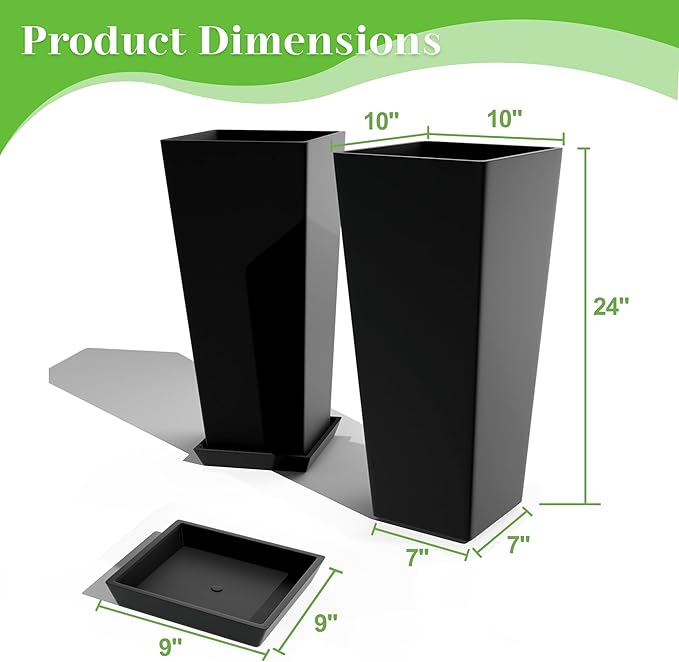 FENCY Set of 2 Tall Planters for Outdoor Plants, 24 Inch Large Tapered Pots with Drainage Trays, Weather-Resistant Plastic Plant Containers for Patio, Porch, Garden, Front Door Decor,Black-Ruum Studio Home
