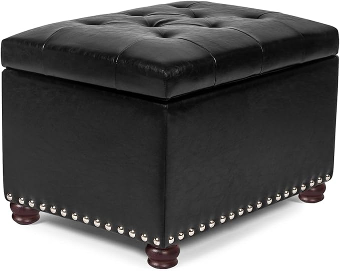 24'' Leather Storage Ottoman Rectangular Foot Rest Stool with Nailhead Trim Toy Chests & Storage Room Organizer for Bedroom Living Room(Black)-Ruum Studio Home