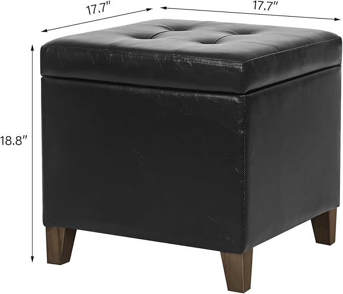 Adeco Faux Leather Storage Ottoman Bench with Solid Wood Legs, 17.7" Square Black PU Cube Foot Stool, Upholstered Button Tufted Vanity Chair with Hinged Lid for Living Room, Bedroom, Dorm-Ruum Studio Home