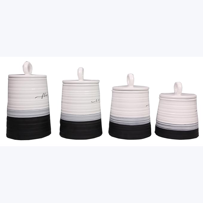 Young's Inc. 4 Pcs Set Rustic Modern Ceramic Canisters- Storage Container for Kitchen and Bathroom - Beautiful Home Decor Accent to Store Food, Coffee, Tea, and More - Black, White-Ruum Studio Home