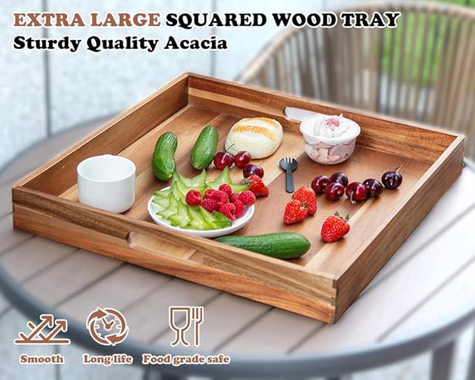 Large Ottoman Tray for Living Room, 20" Extra Large Tray for Ottoman Square Acacia Serving Trays with Handles for Coffee Table, Breakfast, Appetizers, Dinner-Ruum Studio Home