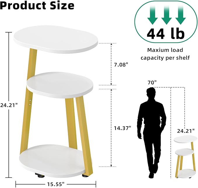 Side Table, Small End Table with Metal Frame, 3-Tier Bedside Tables, Round Side Tables for Living Room Bedroom Couch Bathroom, Oval, White-Ruum Studio Home