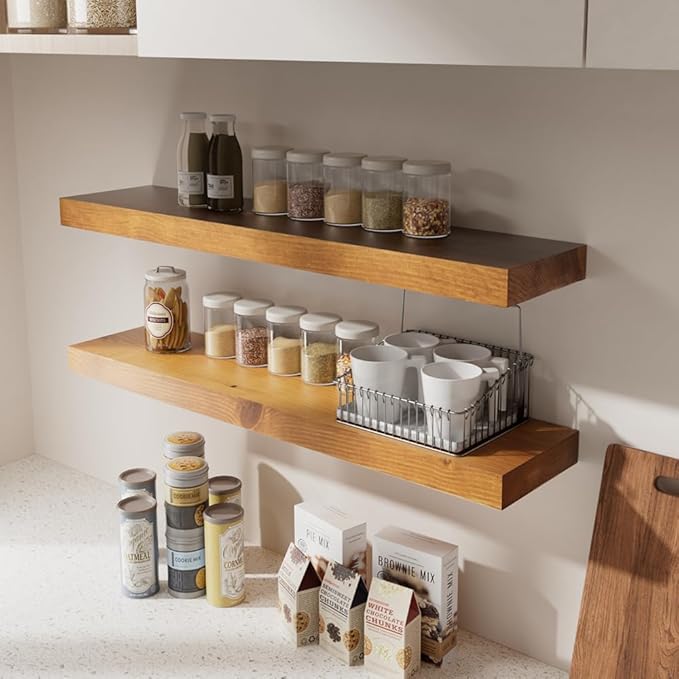 Habudda Floating Shelves, Wall Shelf for Bathroom Bedroom Kitchen, Natural Pine Real Wooden Shelves, Wall Mounted, 100% Pine, Set of 2, 30 Inches Long, Honey Oak-Ruum Studio Home