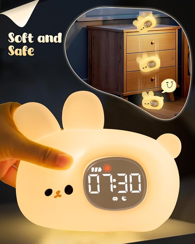 Bunny Alarm Clock for Kids with Night Light, Sleep Training Clock Time to Wake Clock, Rechargeable Silicone Light for Bedroom, Perfect Sleep Companion for Boys Girls-Ruum Studio Home