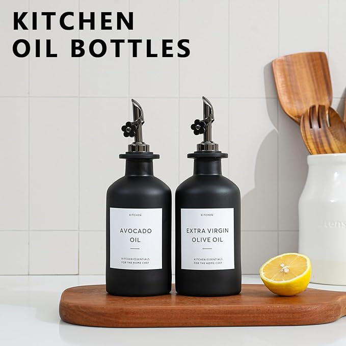 HOMCDALY Olive Oil Dispenser for Kitchen, 11.8oz Glass Kitchen Dispenser Bottle, Black Oil&Vinegar Cruet Set, Leakproof Olive Oil Bottles | Set of 2 (11.8oz – Black)-Ruum Studio Home