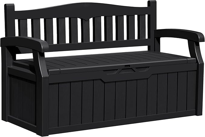 Greesum 80 Gallon Outdoor Storage Bench, Resin Patio Furniture with Armrest,Waterproof and UV-Resistant, Perfect to Garden, Poolside and Lawn, Dark Black-Ruum Studio Home
