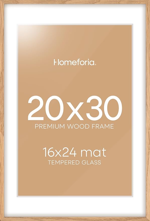 Homeforia 20x30 Picture Frame Wood, High End Natural Oak 20 x 30 Frame with Mat 16 by 24, 20x30 Light Wooden Poster Frames Matted to 16x24 Photo, 30by20 Large Frame, Tempered Glass, Wall Kit, Set of 1-Ruum Studio Home