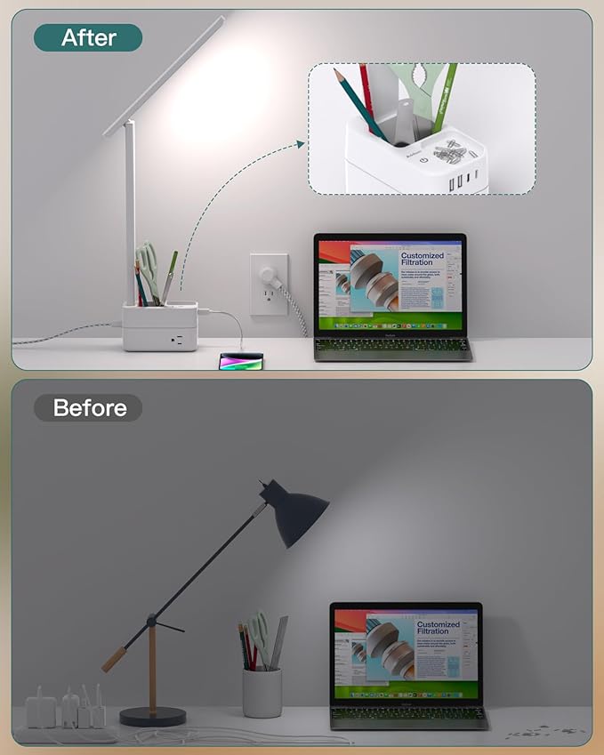 Addtam LED Desk Lamp with Pen Holder, Study Lamps with 3 Outlets 4 USB Charging Ports(2 USBC), 3 Color Modes Desk Light Touch Lamp, Small Desk Lamps for Home Office College Dorm Room Essentials-Ruum Studio Home