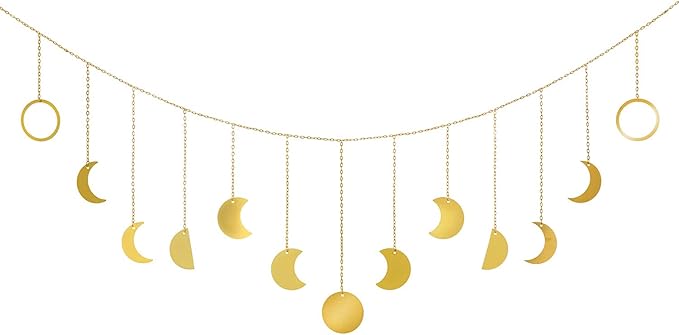Mkono Moon Phase Wall Hanging Boho Aesthetic Room Decor Metal Moons Garland Hanging Art Bohemian Home Decoration for Girls Room Nursery Bedroom Livingroom Dorm, Ideal, Gold, 55"-Ruum Studio Home