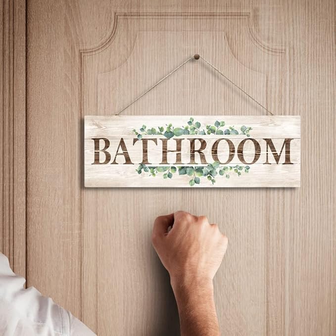 Bathroom Sign Wall Decor, Bathroom Wall Art with Plant Print, Rustic Farmhouse Wall Hanging Plaque Home Kitchen Decorative Bathroom, 4.7 x 13.7 inches-Ruum Studio Home