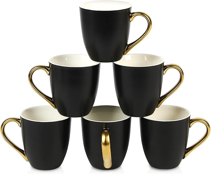 vicrays Coffee Mug Set, 11 Ounce, Set of 6, Ceramic Mug for Men, Women, Unique Glazed Mugs with Handle for Coffee, Tea, Milk, Cocoa, Cereal(Black with Golden)-Ruum Studio Home