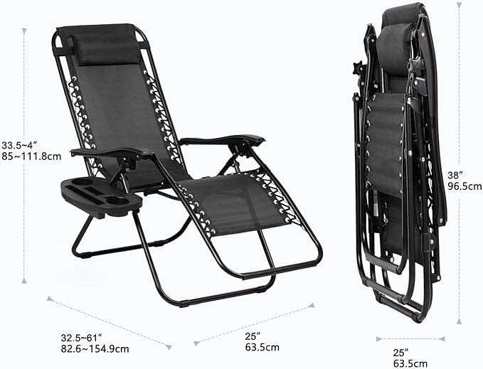Nazhura Set of 2 Relaxing Recliners Patio Chairs Adjustable Steel Mesh Zero Gravity Lounge Chair Beach Chairs with Pillow and Cup Holder Black-Ruum Studio Home