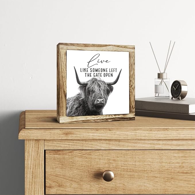 Funny Wood Sign, Cow Decor, Wooden Plaques Sign Table Decoration, Farmhouse Decorate for Shelf, Country Style Home Decor, Inspirational Decorate Signs, Live Like Someone Left the Gate Open Signs-Ruum Studio Home