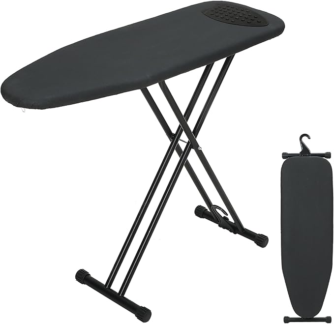 Ironing Board 43x13 with Iron Rest, RAINHOL Compact Iron Board Full Size with Thick Cover and Pad, Easy Storage Hanger with Heat-Resistant Silicone Pad, Space Saving and Height Adjustable, Black-Ruum Studio Home