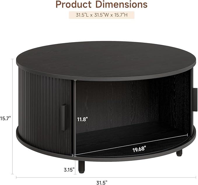 Round Coffee Table with Storage, 31.5" Modern Coffee Table with 360° Curved Sliding Door, Fluted Wood Accent Coffee Table with Adjustable Footpads, Round Center Table for Living Room, Black-Ruum Studio Home
