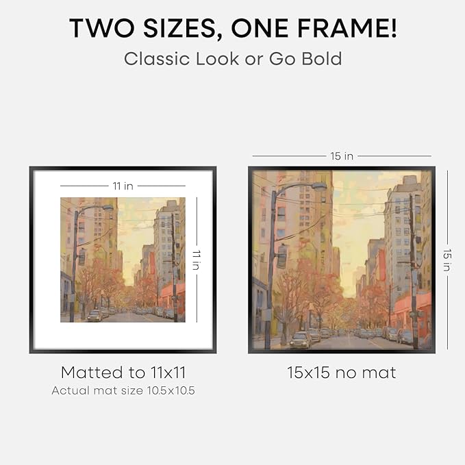 Homeforia 15x15 Picture Frame Black, High End Metal 15 x 15 Square Poster Frames with Mat 11 x 11 Photo, 15x15 Black Frame Matted to 11x11 Print, 15by15 Thin Frames, Tempered Glass, Wall Kit, Set of 1-Ruum Studio Home