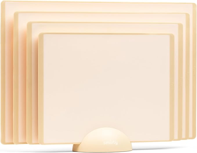 SMIRLY Plastic Cutting Board Set with Holder 4 Pieces, Non-Slip Dishwasher Safe Chopping Boards for Kitchen, Cream White-Ruum Studio Home
