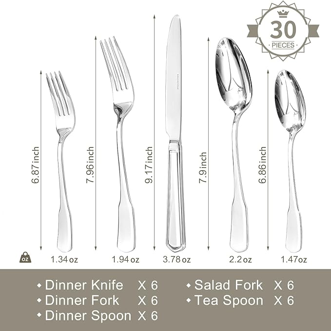 HIKAA Premium Silverware Set, Stainless Steel Flatware Set with Wide-Based Handles for Comfort & Durability, Forks & Spoons Cutlery Silverware Set (30PCS)-Ruum Studio Home