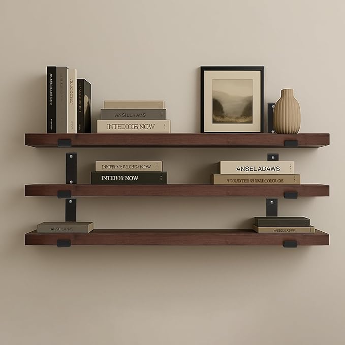 CONSDAN Floating Shelves for Wall Mounted Book Shelf Hanging Shelves Floating Bookshelf for Bedroom, Bathroom, Living Room, Kitchen USA Grown Solid Hardwood, Dark Maple 48x7.5x1.5 in (Set of 3)-Ruum Studio Home