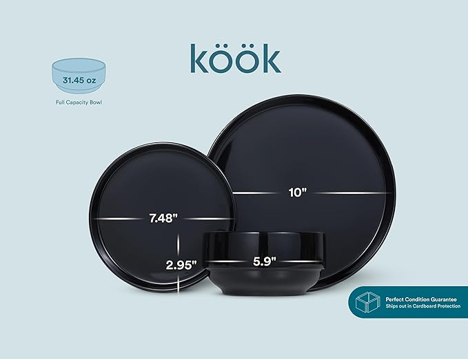 Ceramic Dinnerware Set, 12-Piece Service for 4, Soup Bowls (31.5 oz), Salad Plates (7.5"), Dinner Plates (10.5"), Round, Microwave and Dishwasher Safe, Black, Cambridge Classics-Ruum Studio Home