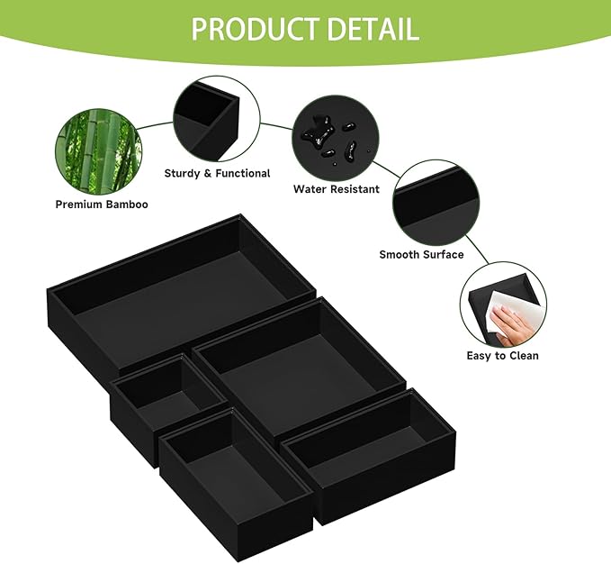 Bamboo Drawer Organizer Set, 5 PCS Multi-use Varied Sizes Junk Drawer Organizer Kitchen Storage Box for Office, Home, Bedroom, Bathroom, Black-Ruum Studio Home