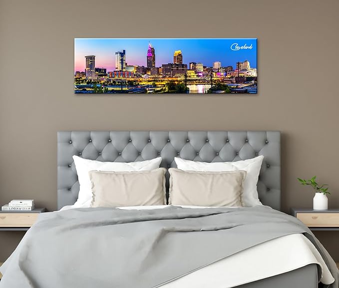 Cleveland Skyline Wall Art Colorful Canvas Prints Night View Ohio USA Cityscape Panoramic City Building Painting for Bedroom Office Decor Framed and Ready to Hang 13.8"x45.3"-Ruum Studio Home