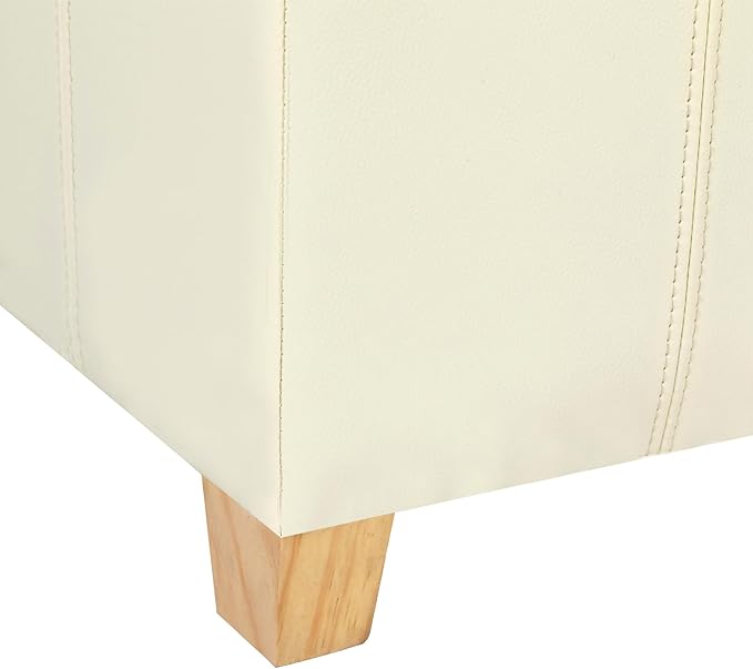 Adeco Faux Leather Storage Ottoman with Hinged Lid, 17.5 Inch High Cream White Square Cube Foot Stool with Storage, Upholstered Vanity Stool with Solid Wood Legs for Living Room, Bedroom, Dorm-Ruum Studio Home