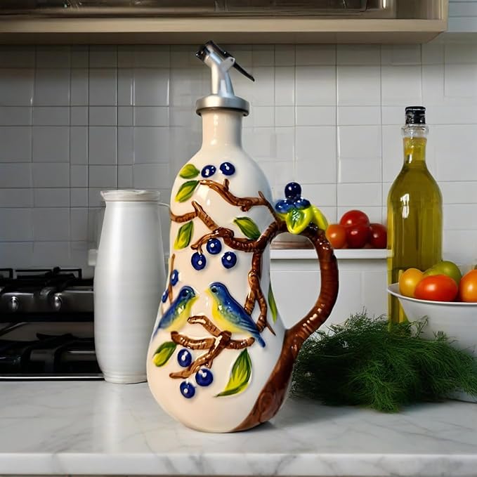 18 Oz Hand Painted Relief Ceramic Olive Oil Bottle Dispenser for Kitchen, Oil and Vinegar Bottle, Seasoning Bottle with Stainless Steel Nozzle, 540mL Oil Container with Handle for Cooking, Light Proof-Ruum Studio Home