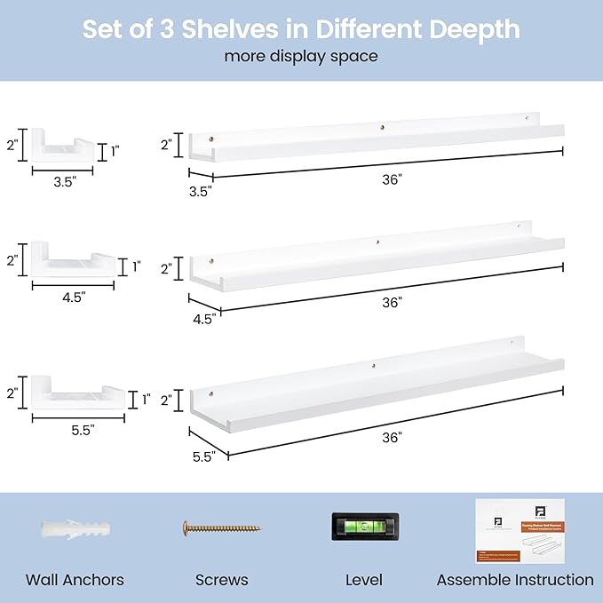 Picture Ledge Shelf for Wall, 36 inches Solid Pine Wood Nursery Book Shelves 3 Packs, Floating Ledge Shelves for Kids' Room Bedroom Bathroom Living Room Photo Frames Office Nursey Wall Decor, White-Ruum Studio Home