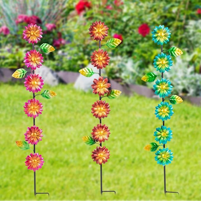 3Pack Flowers Decorative Garden Stakes,Spring Outdoor Metal Flowers Decorations,Metal Yard Art for Outside Patio Porch Decor（22.6 * 5.1IN）-Ruum Studio Home