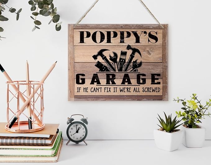 Rustic Sign, Father's Day Gift, Dad's Gift, Grandpa's Gift, Decor Hanging Wood Signs, Printed Wood Wall Art Sign, Poppy's Garage, If He Can't Fix It We're All Screwed, Vintage Sign Gift for Grandpa-Ruum Studio Home