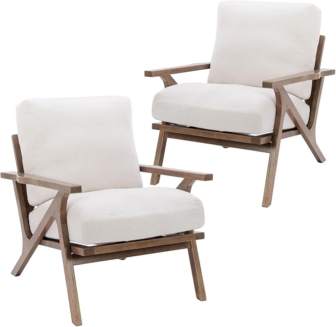HNY Mid Century Modern Accent Chairs Set of 2, Farmhouse Linen Upholstered Armchair for Living Room, Bedroom, 23'' Seat Wide Retro Leisure Reading Chair Slipper Chair with Wood Frame, White-Ruum Studio Home