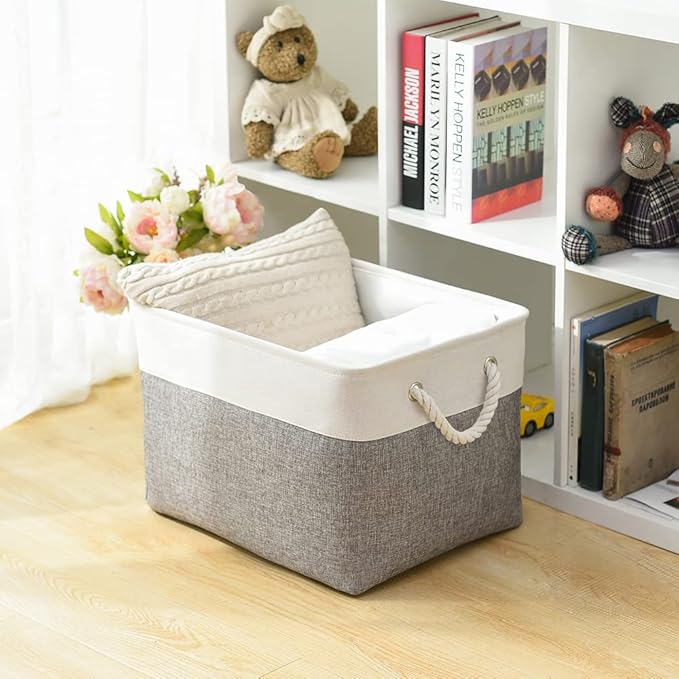 Storage Basket for Shelves - 17X15X12 inch 2 Pack Fabric Cube Storage Bin Collapsible Baskets for Organizing with Rope, Storage Box for Cloth Decorative (White & Grey)-Ruum Studio Home
