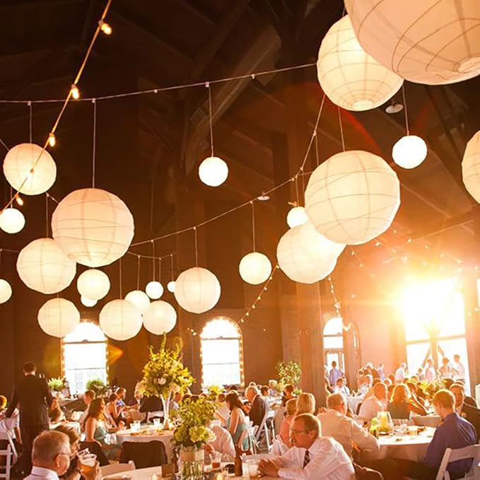 Paper Lanterns Decorative, White Hanging Round Chinese Lanterns with Lights for Wedding Anniversary Birthday Party 12 LED Light Pack of 12-Ruum Studio Home