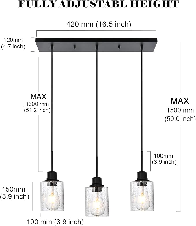 Modern 3-Light Pendant Island Light Fixture Black Ceiling Hanging Lights with Clear Seeded Glass and Adjustable Cord,Industrial Pendant Lighting for Kitchen Living Room Dining Room Foyer-Ruum Studio Home