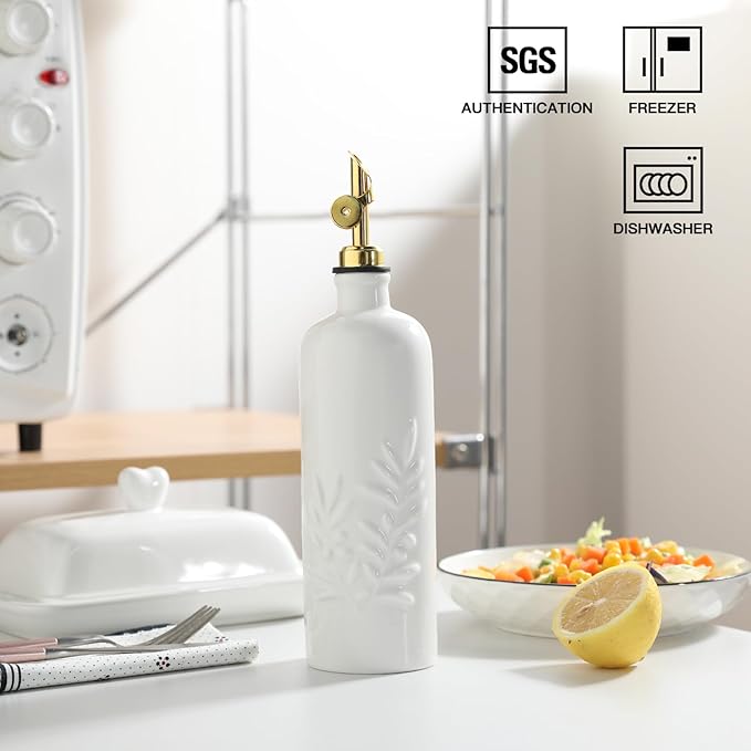 Sweejar 18 Oz Oil Dispenser for Kitchen with Gravity Spout, Ceramic Olive Oil Dispenser Bottle, Relief Opaque Vinegar Container for Evoo, Vinegar, Soy Sauce, Pack of 1(White, Gold Spout)-Ruum Studio Home