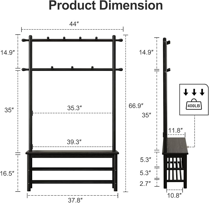 Coat Rack with Shoe Storage, Wooden Hall Tree with Bench, 11 Hooks and 2-Tier Storage Shelves, 3-in-1, Entryway Bench with Coat Rack (39.3"-Black)-Ruum Studio Home