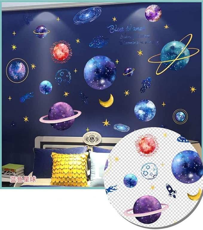 Quanhaigou Blue Purple Galaxy Wall Decals, Removable Sticker,The Art Magic 3D Milky Way Cosmic Stars Spacecraft Dreamscape Home Decor for Bedroom Living Room Floor Ceiling Kids Room-Ruum Studio Home