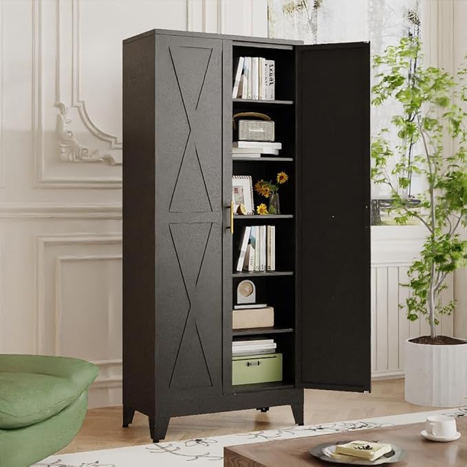 75" Tall Metal Kitchen Pantry Storage Cabinet, Freestanding Cupboard with 2 Doors and 5 Adjustable Shelves, Standing Storage for Kitchen, Bathroom, Garage, Dinning Room or Utility Room（Black）-Ruum Studio Home